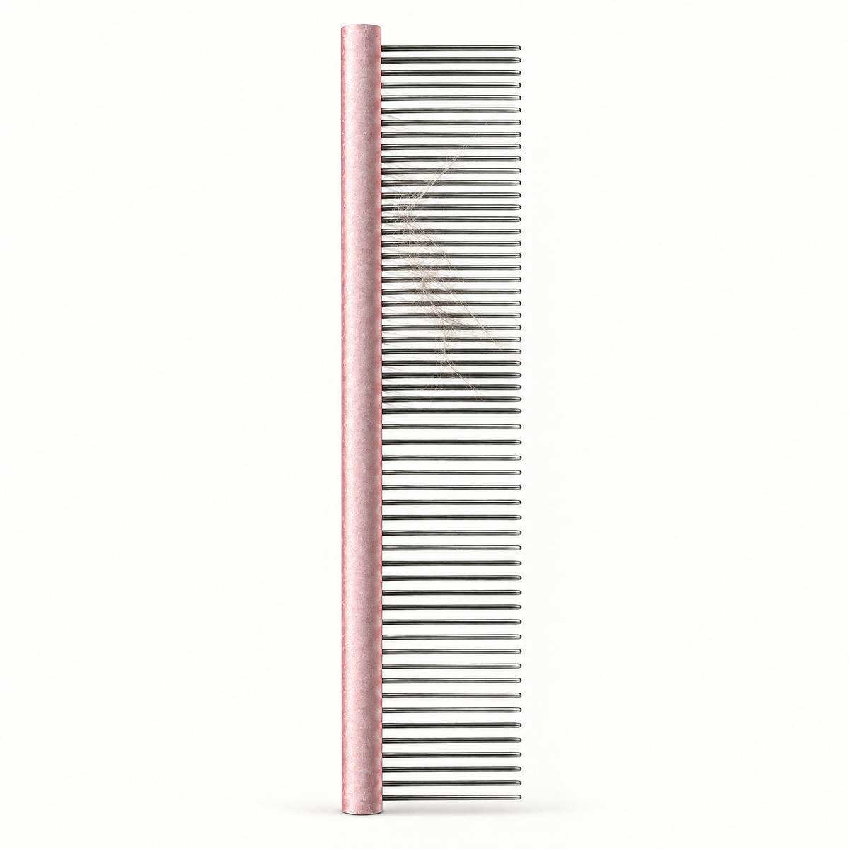 Dual-density metal grooming comb standing upright on a white background