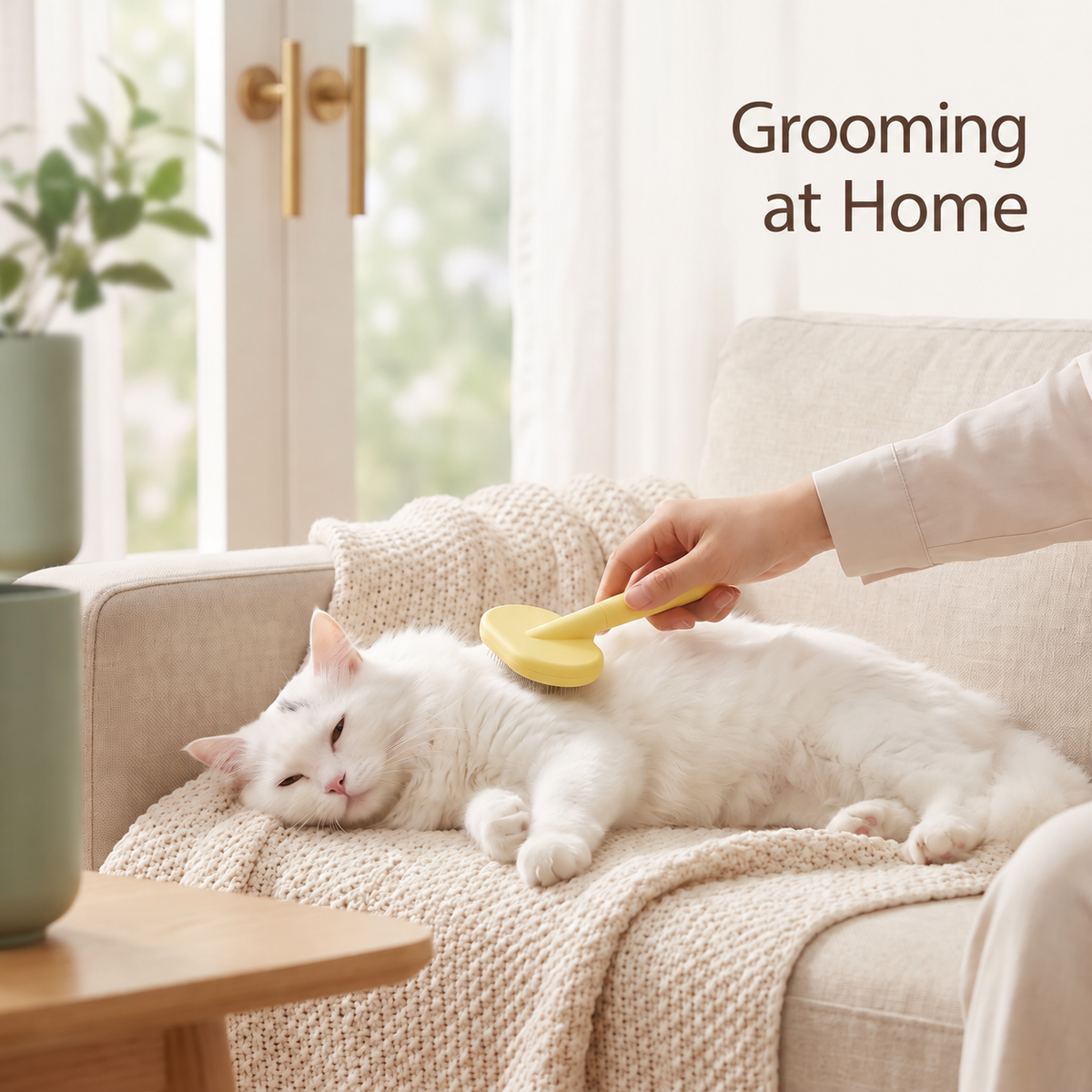 A yellow slicker brush being used on a white cat resting on a sofa
