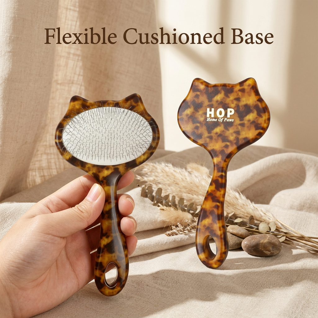Close-up of the cushioned pin pad on a HOP leopard-print slicker brush