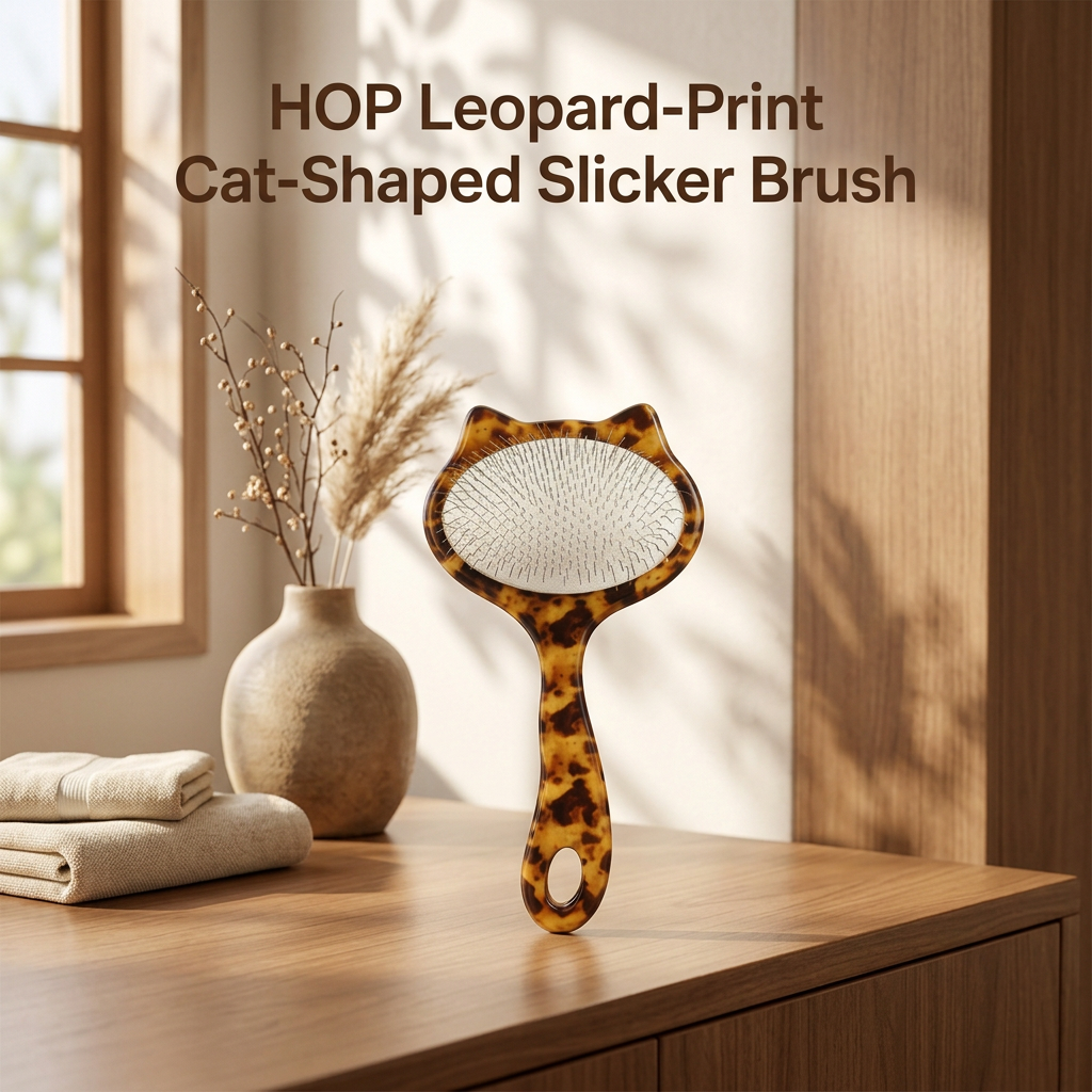 HOP leopard-print cat-shaped slicker brush displayed in a home setting