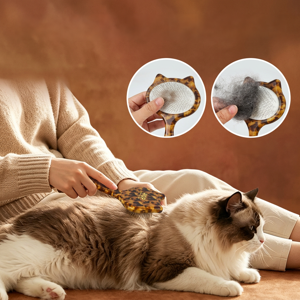 HOP slicker brush used on a long-haired cat, with close-up views of the brush pad and collected fur