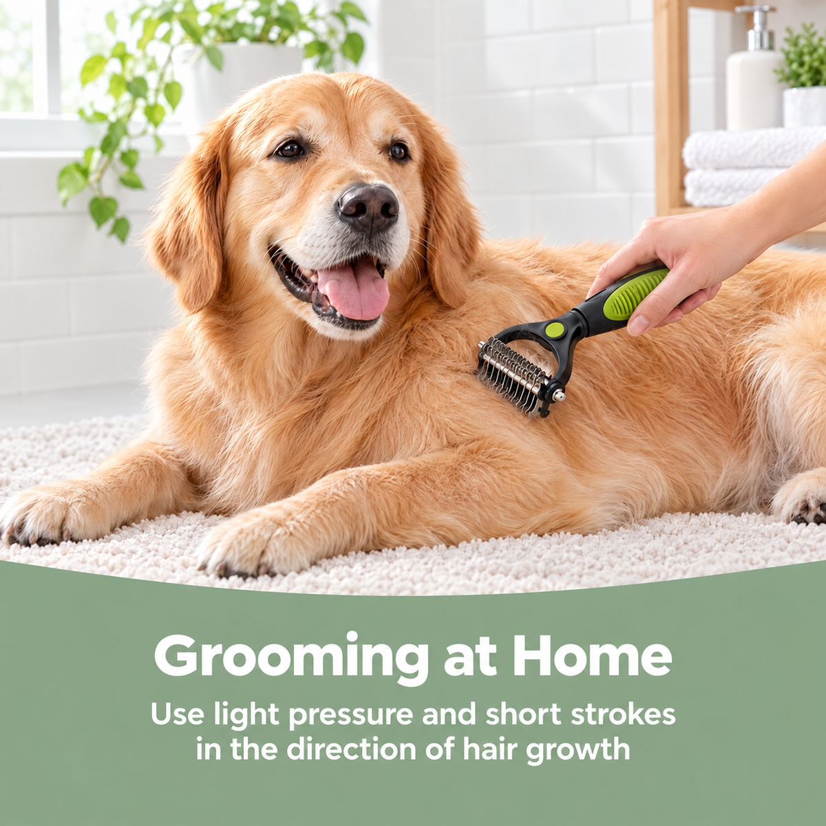 A person using a black and green grooming comb on a golden retriever