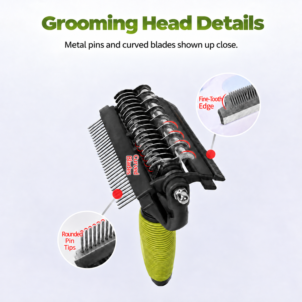 Close-up of curved blades, metal pins and a fine-tooth edge on the grooming comb
