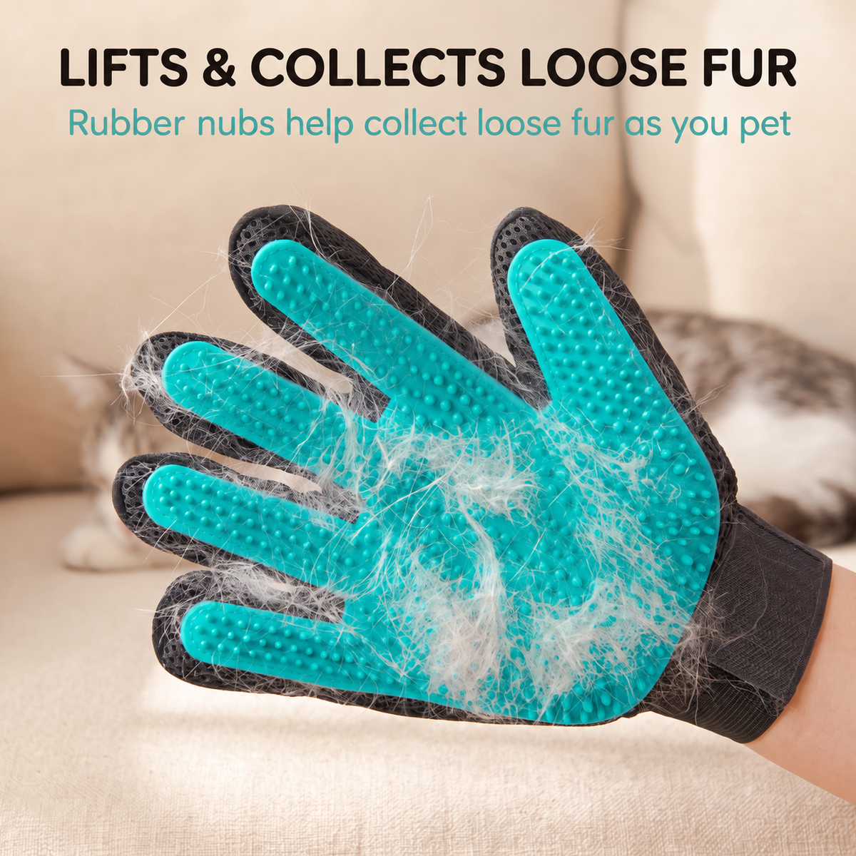 Loose fur collected on the rubber nubs of the TendedPets pet grooming glove