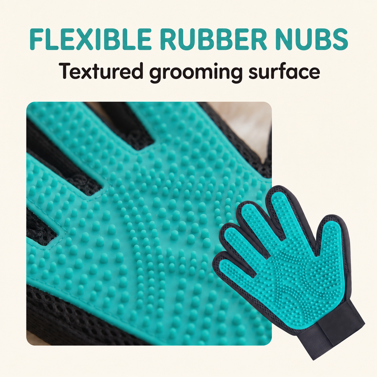 Close-up of the textured rubber grooming surface on the TendedPets pet grooming glove