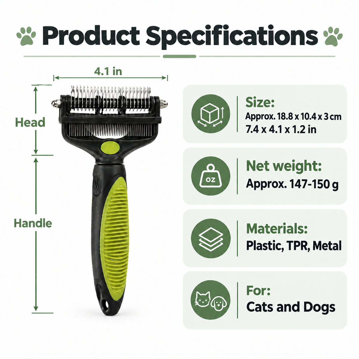 Size, net weight and materials chart for the black and green pet grooming comb