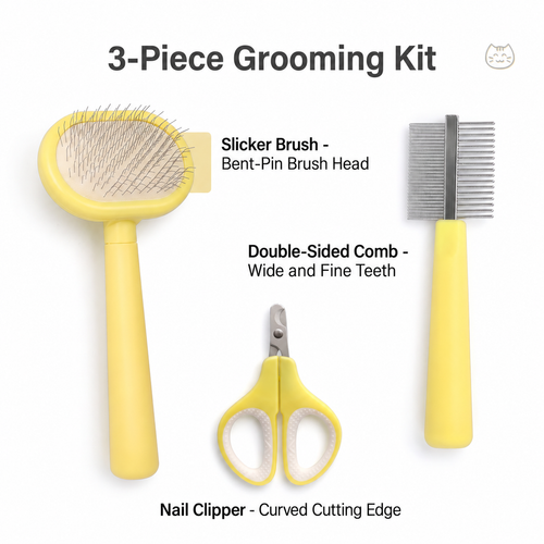 Yellow slicker brush, double-sided comb and nail clipper in a three-piece grooming kit
