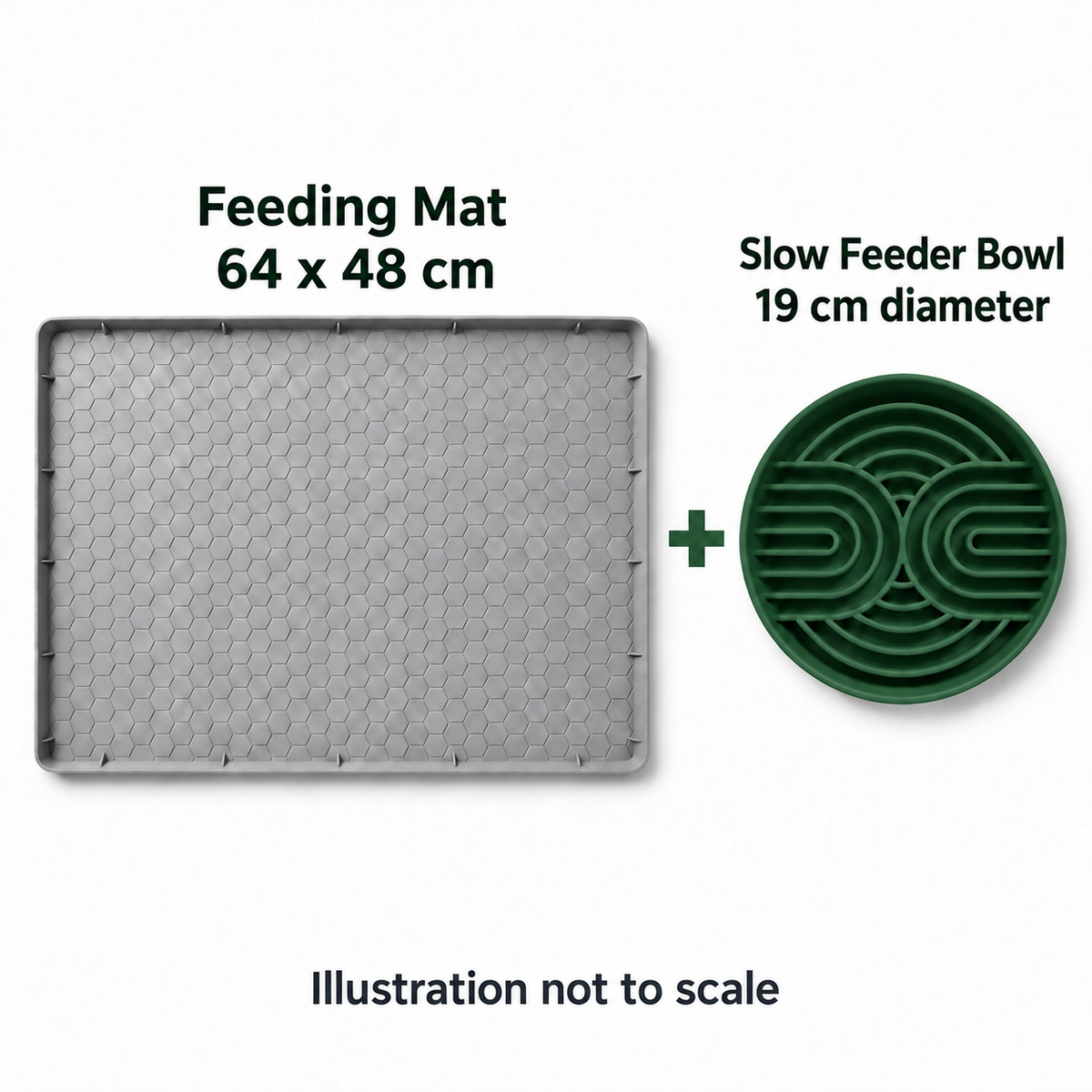 Gray silicone feeding mat with one green slow feeder bowl