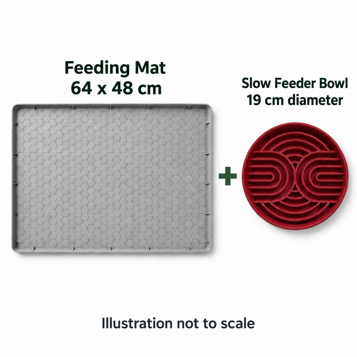 Gray silicone feeding mat with one red slow feeder bowl