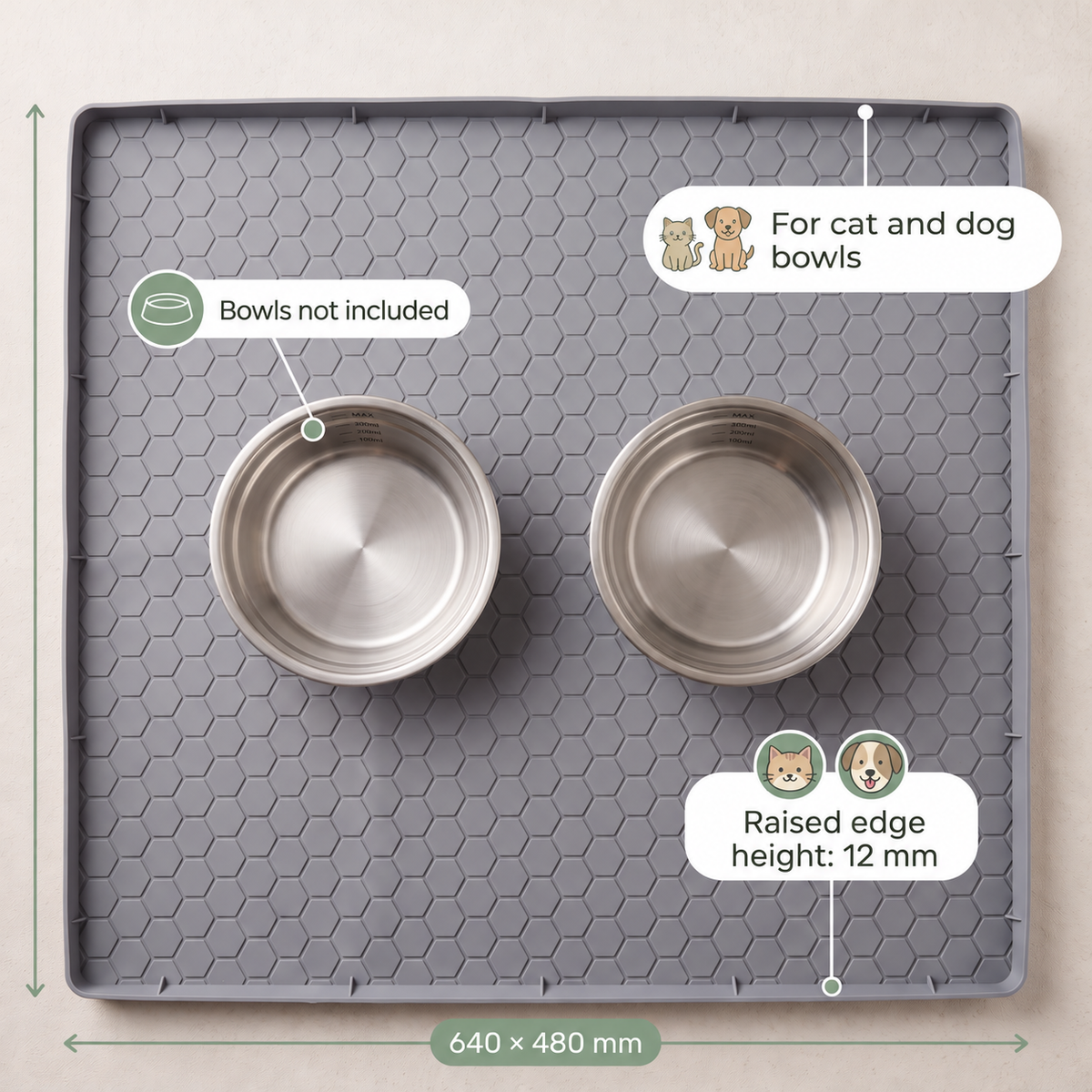 Gray 640 by 480 mm feeding mat with a 12 mm raised edge and two display bowls