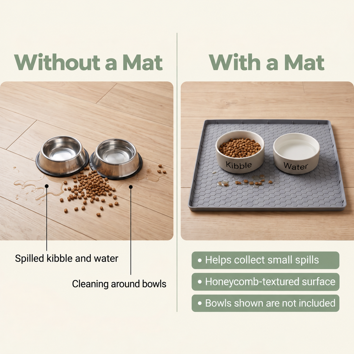 Pet feeding bowls shown with and without a gray raised-edge feeding mat