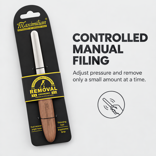 Maximilian manual pet nail file displayed on its black retail backing card