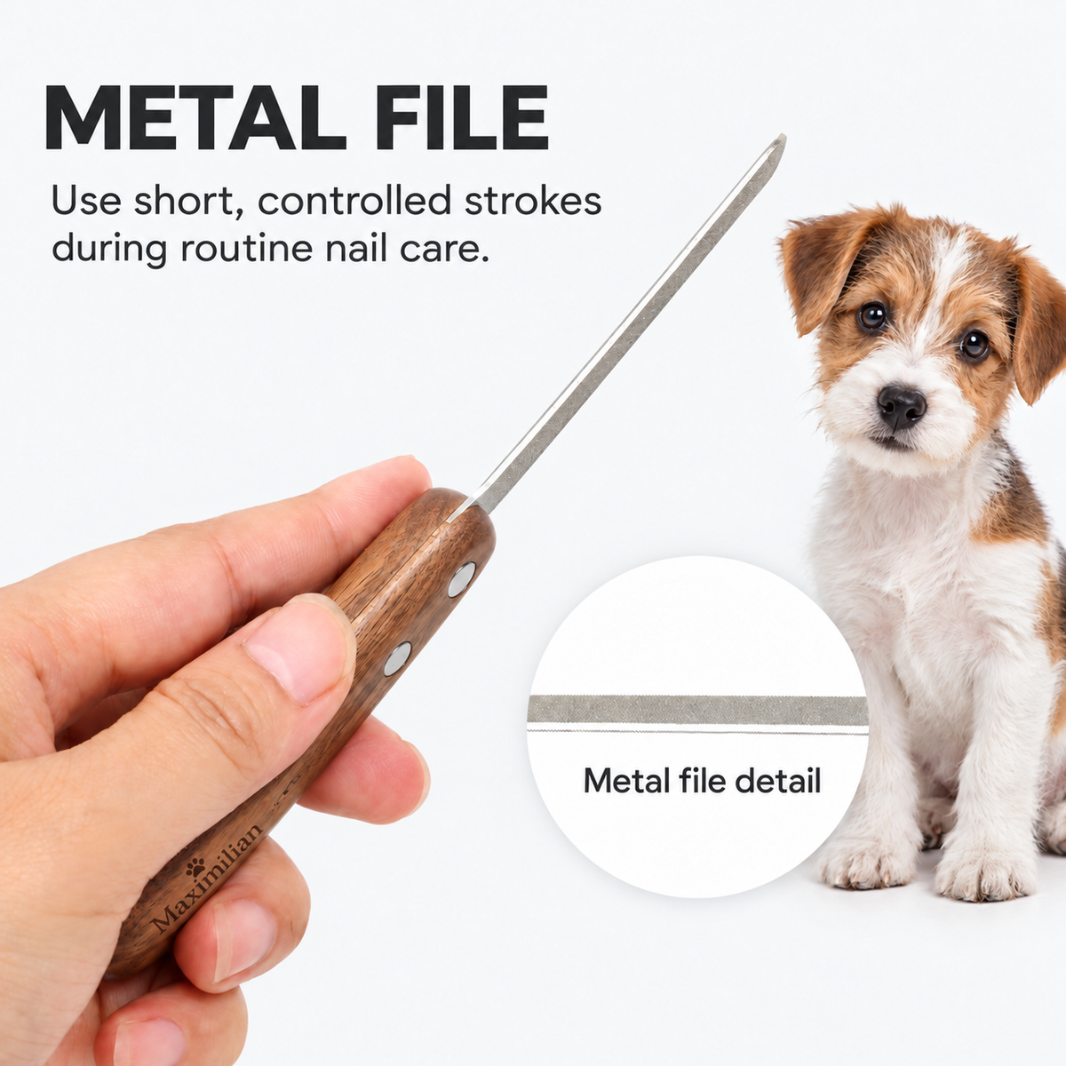 Side view of the Maximilian manual pet nail file held beside a small dog