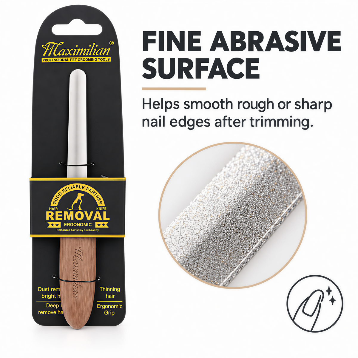 Close-up of the metal filing surface beside the packaged Maximilian pet nail file