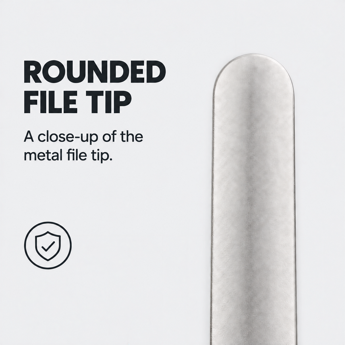 Close-up of the rounded metal tip on the Maximilian manual pet nail file