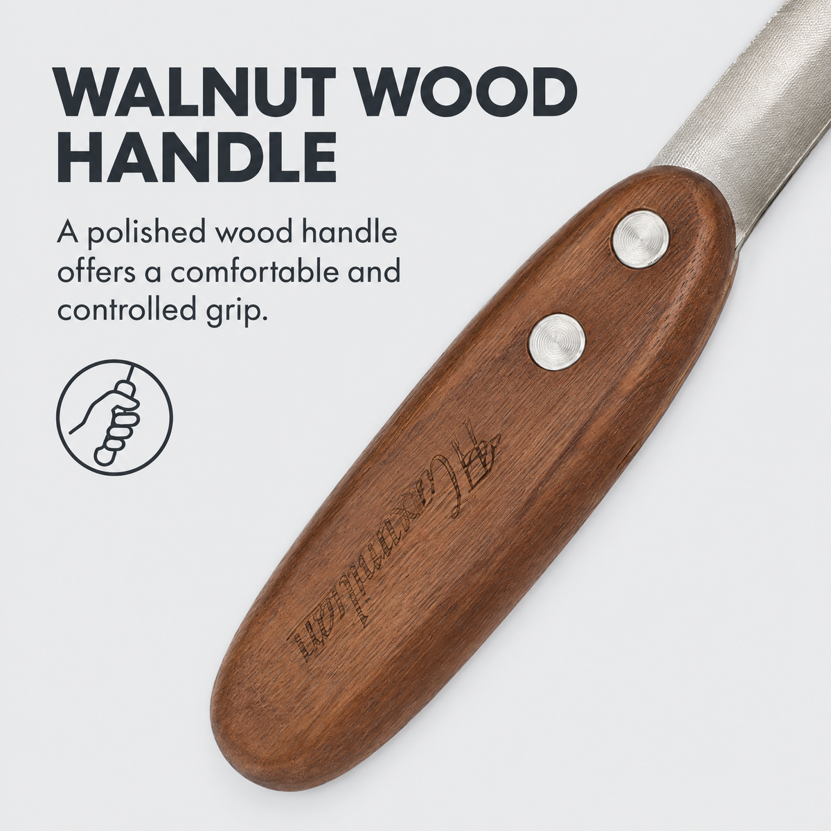Close-up of the walnut wood handle on the Maximilian manual pet nail file