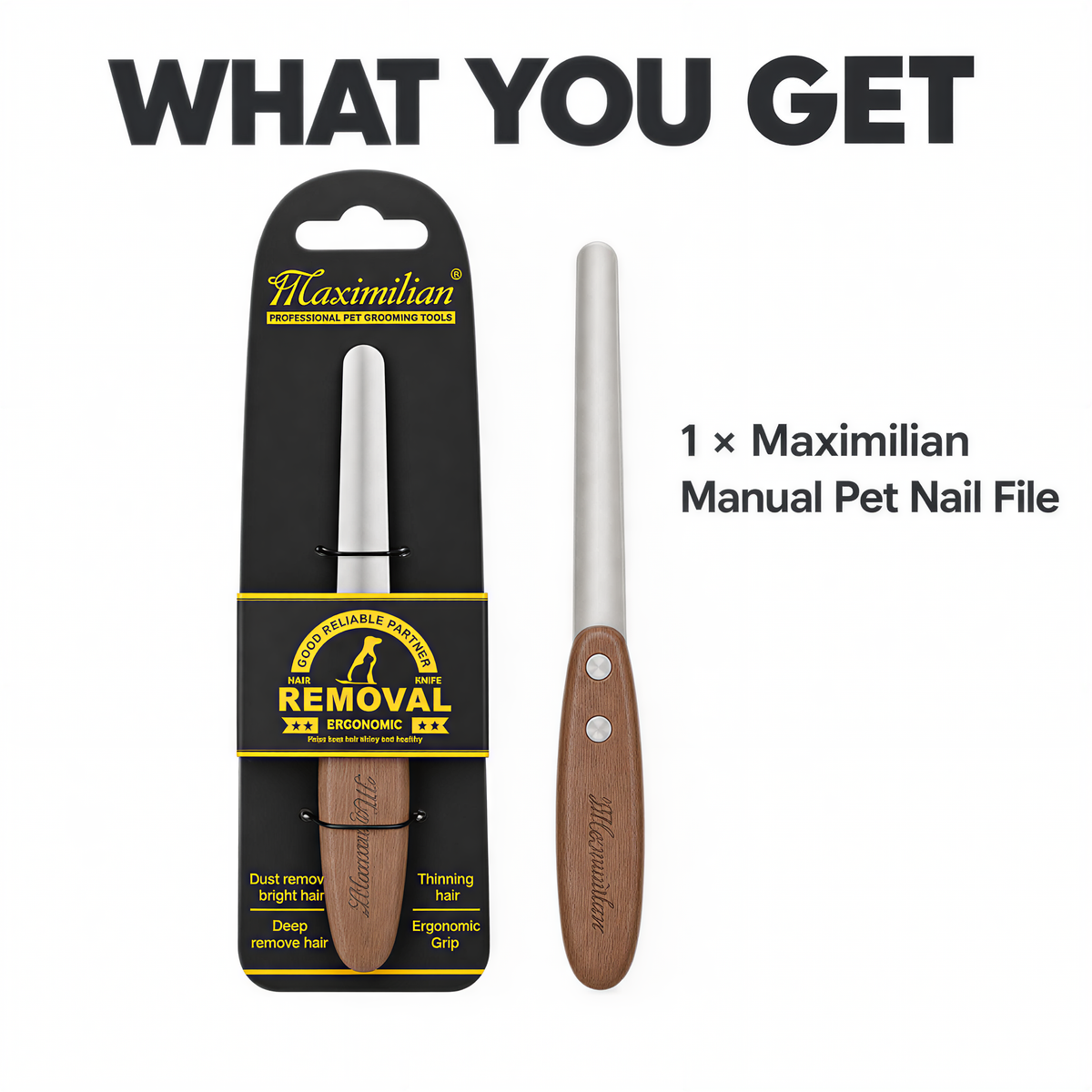 Maximilian manual pet nail file shown beside its retail package