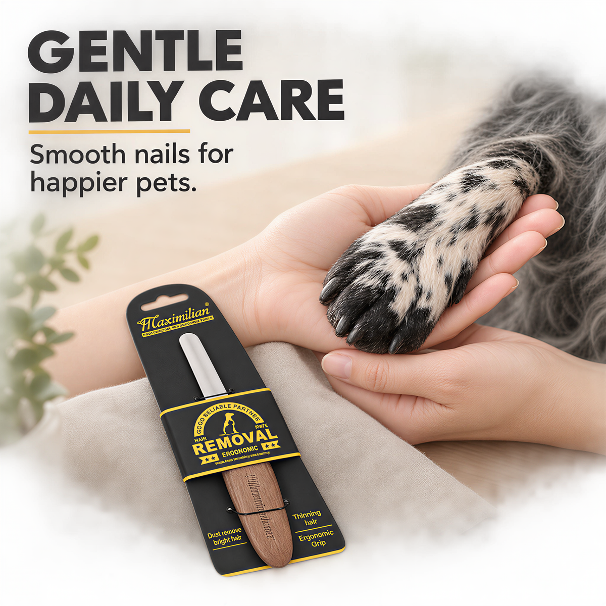 Dog paw held beside the packaged Maximilian manual pet nail file