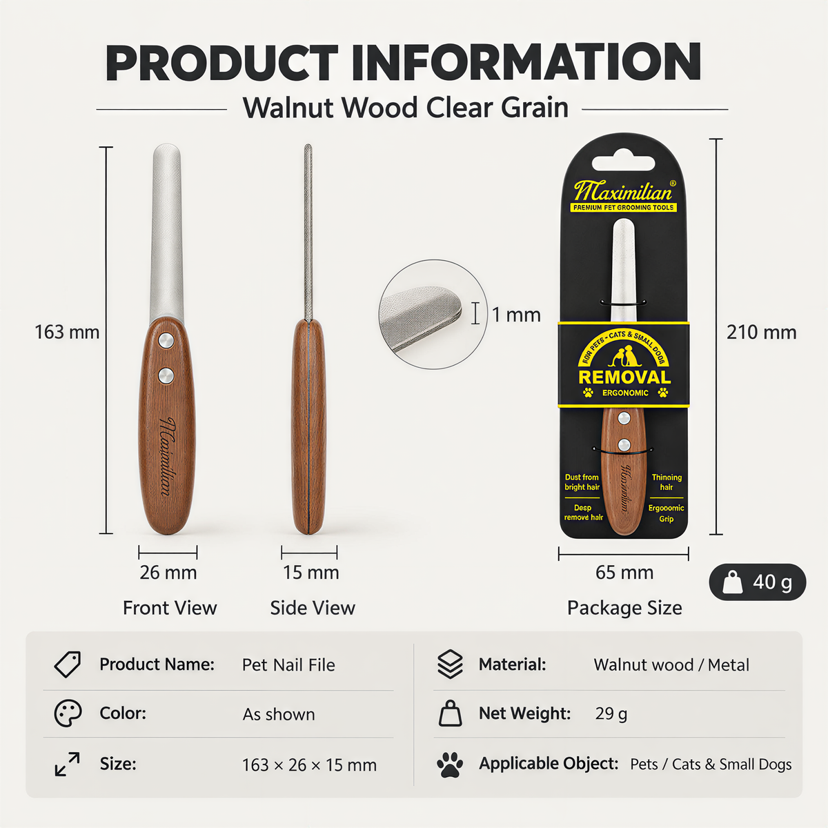 Product dimensions and retail package information for the Maximilian manual pet nail file