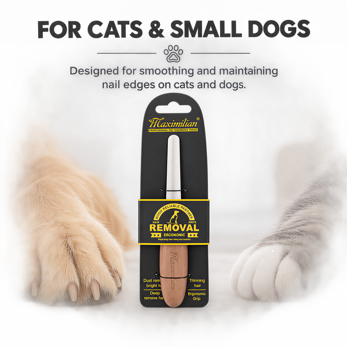 Packaged Maximilian manual pet nail file displayed between cat paws