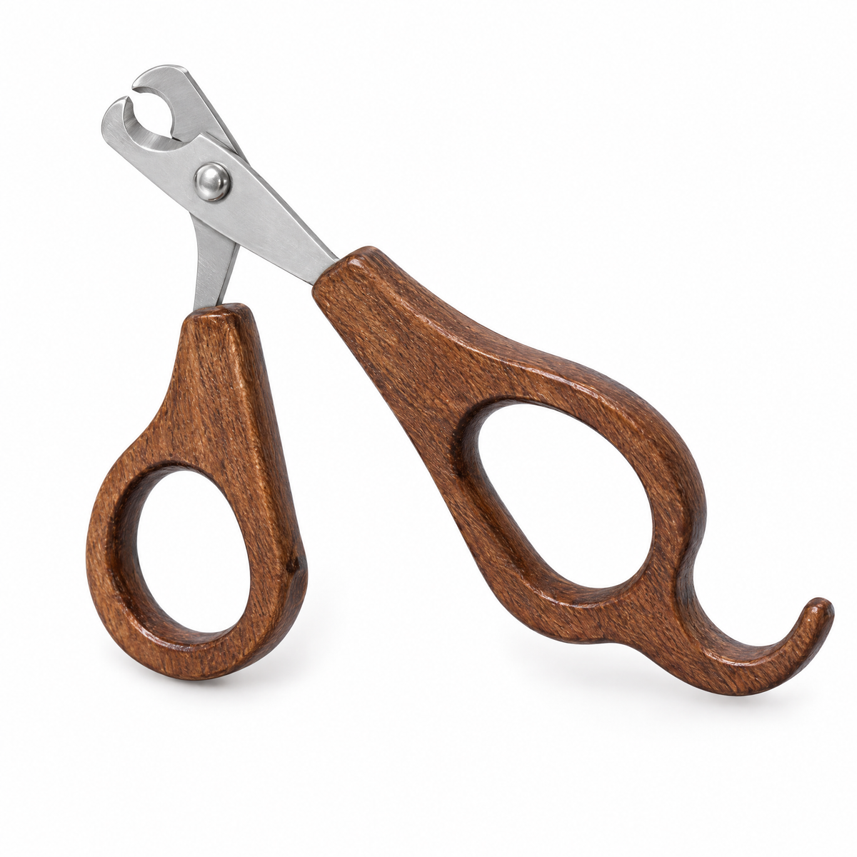 Maximilian pet nail clippers with dark wood-grain handles on a white background