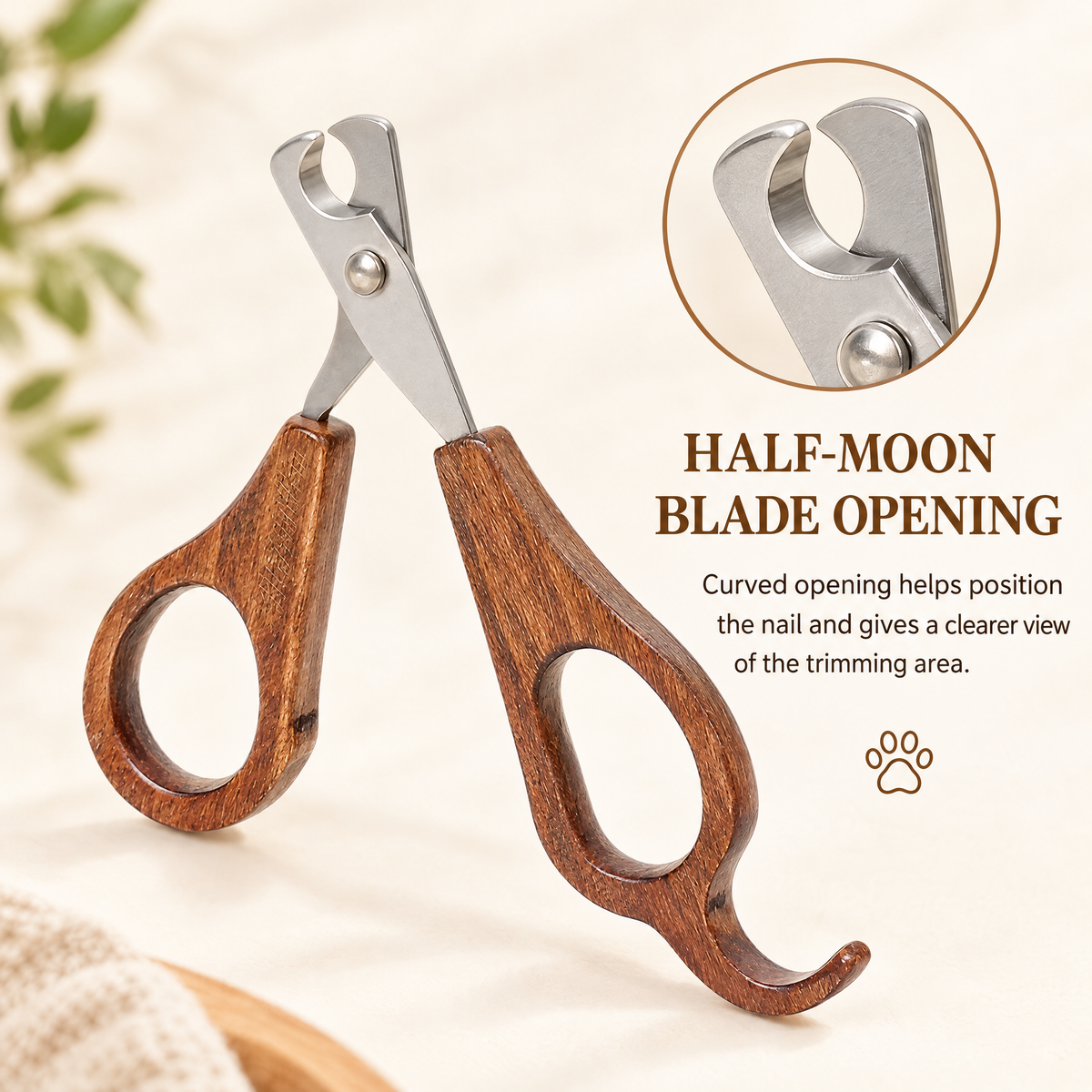 Close-up of the half-moon metal blade opening