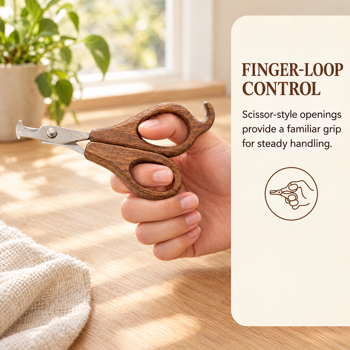 Hand holding Maximilian pet nail clippers by the finger loops