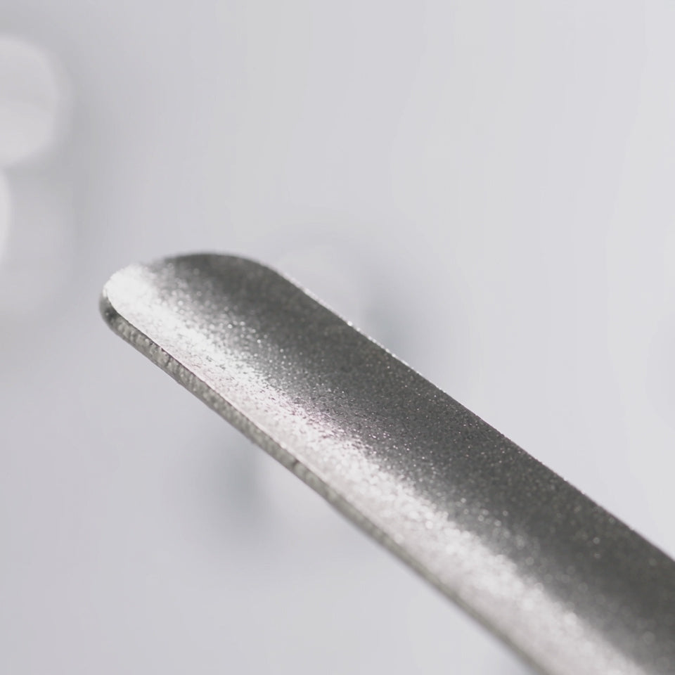 Close-up demonstration of the metal filing surface on the Maximilian manual pet nail file