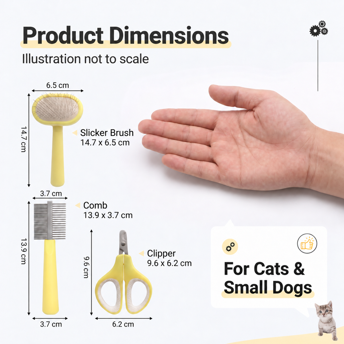 Dimensions of a yellow slicker brush, double-sided comb and nail clipper