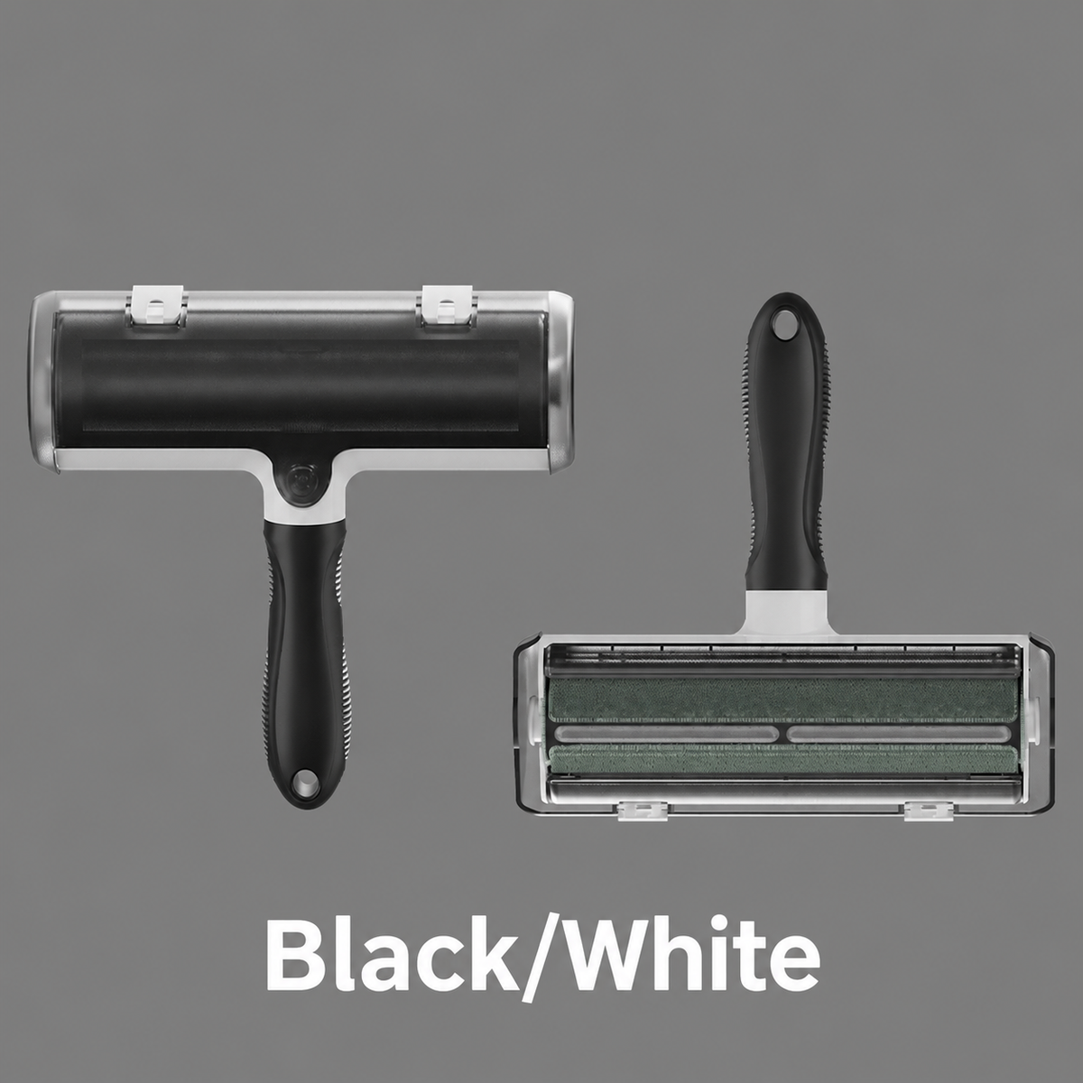 Front and underside views of the black and white pet hair remover roller