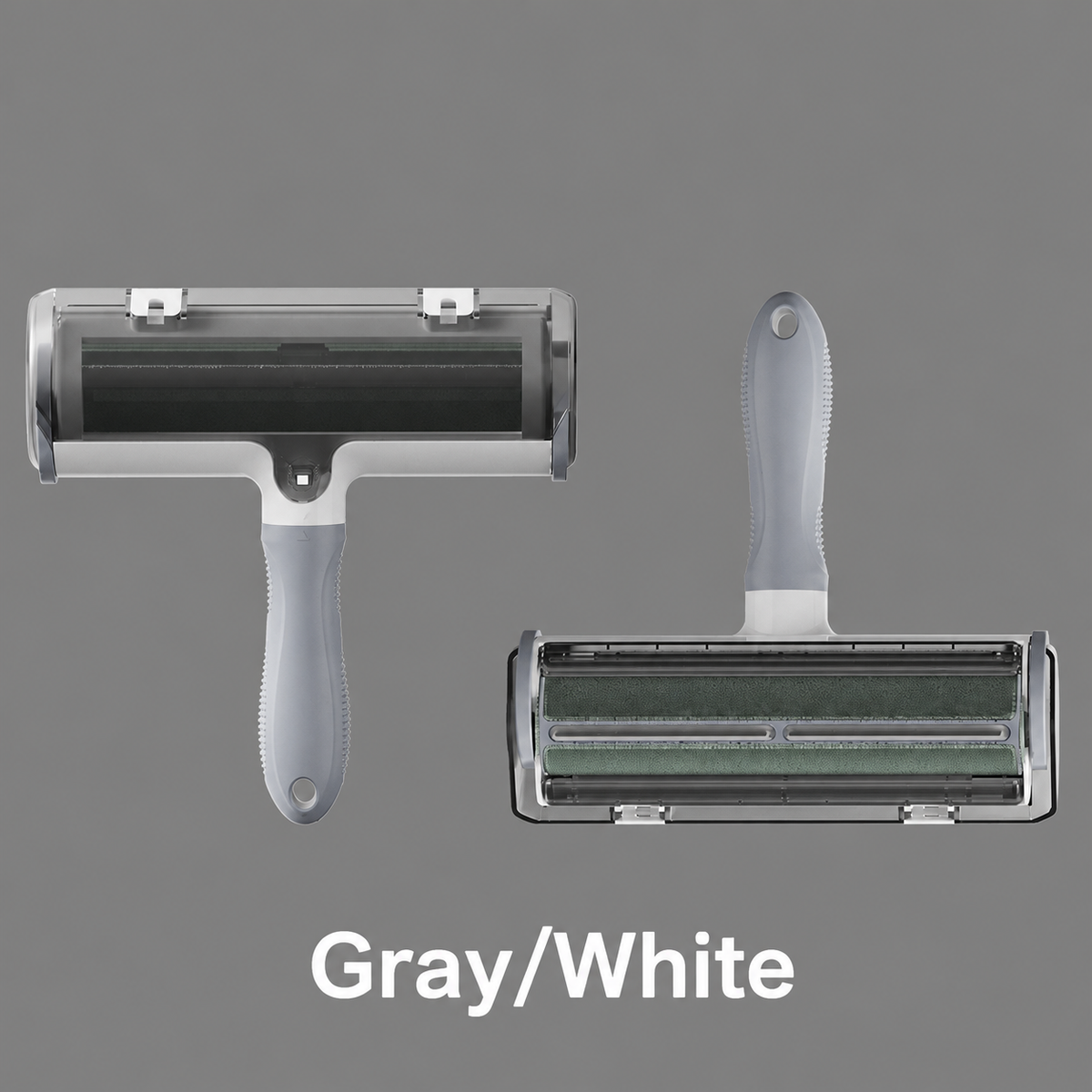 Front and underside views of the gray and white pet hair remover roller