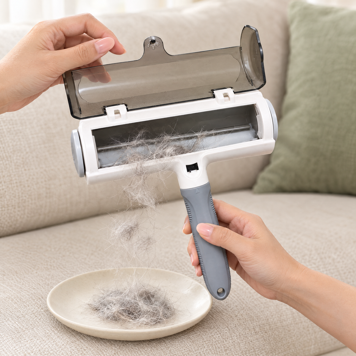 Open gray and white pet hair remover roller with collected hair being emptied onto a plate