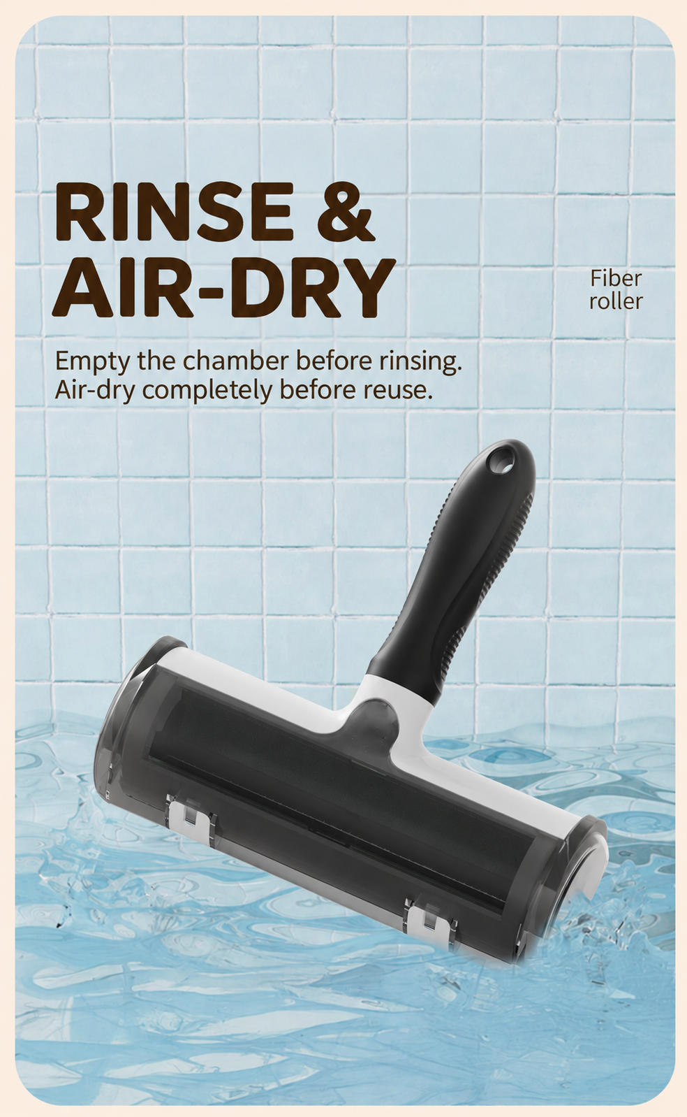 Black and white pet hair remover roller shown against tiles with rinse and air-dry instructions