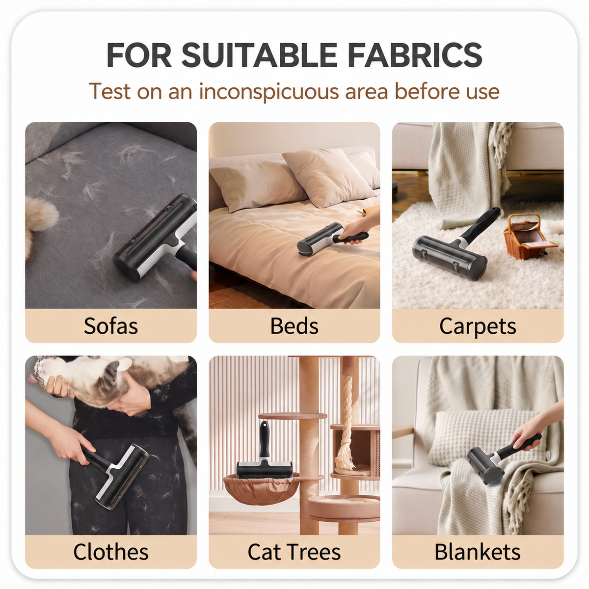 Pet hair remover roller shown on sofa fabric, bedding, clothing, a rug, cat furniture and a blanket