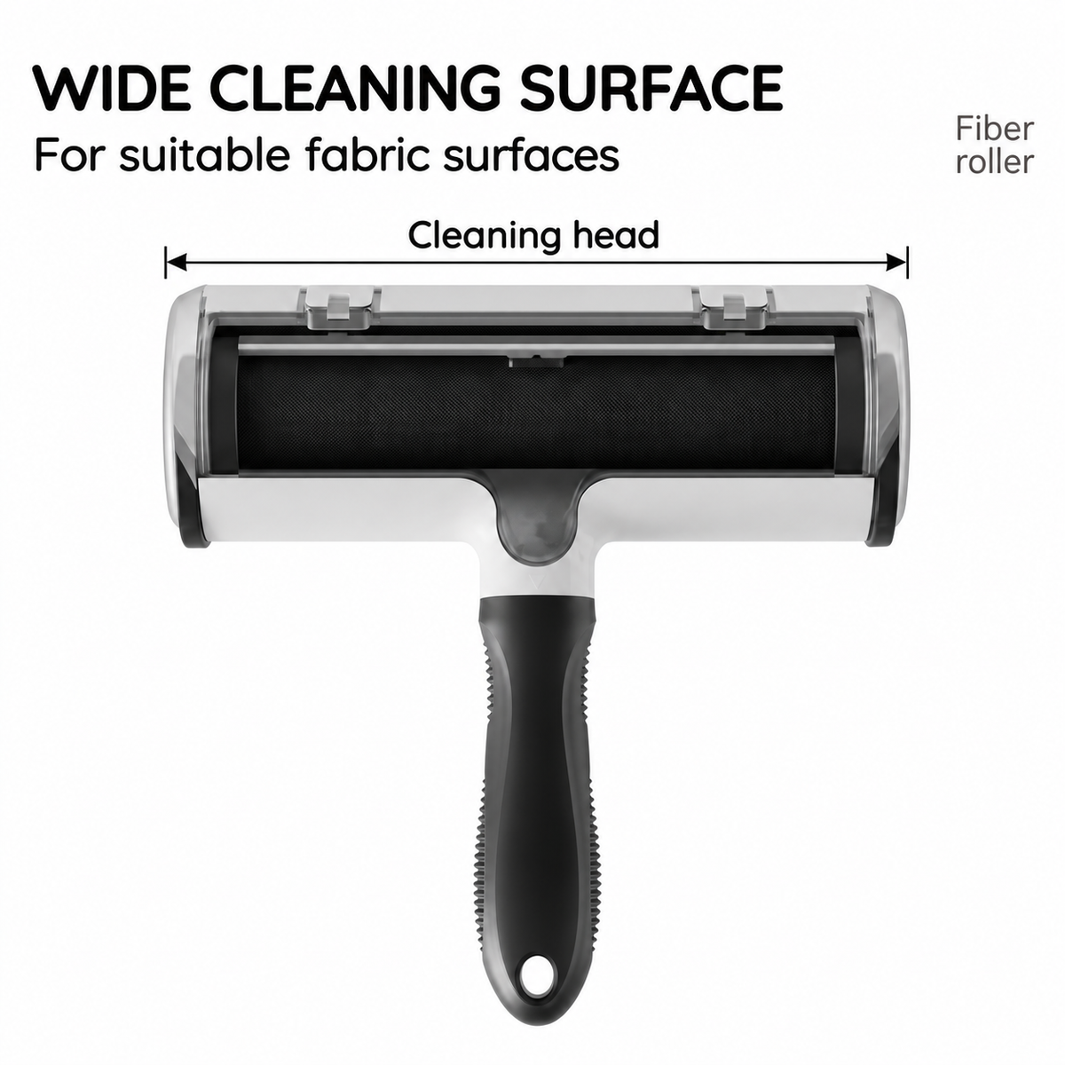 Front view of a pet hair remover roller showing its cleaning head and handle