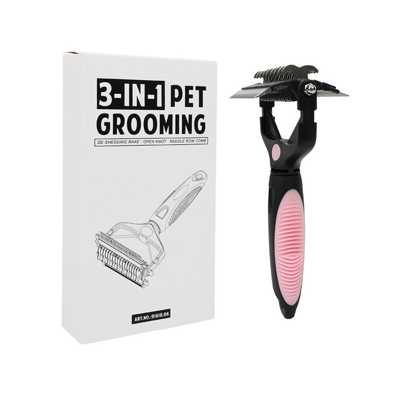 Black and pink pet grooming comb beside its retail box