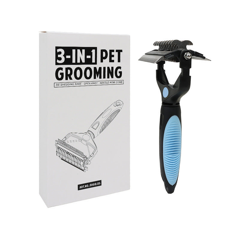 Black and blue pet grooming comb beside its retail box