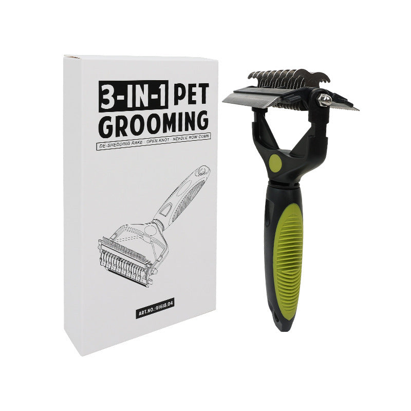 Black and green pet grooming comb beside its retail box