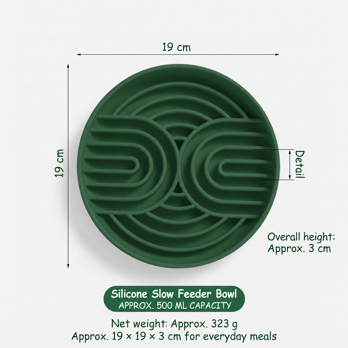 Green silicone bowl with approximate dimensions, 500 ml capacity and 323 g net weight labels