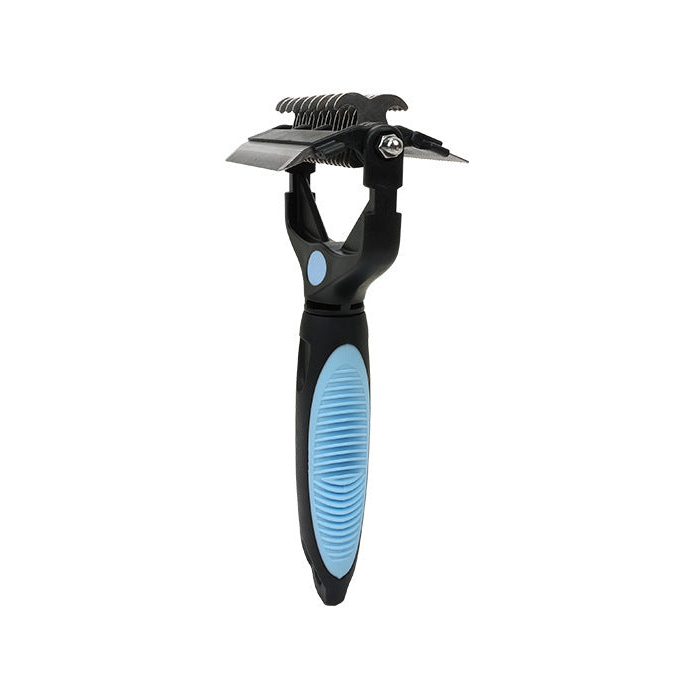 One black and blue 3-in-1 pet grooming comb on a white background