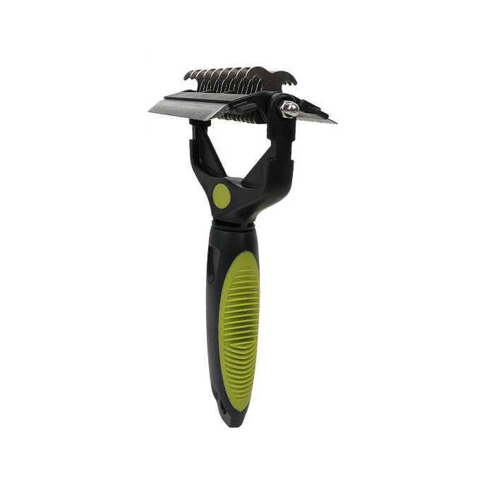One black and green 3-in-1 pet grooming comb on a white background