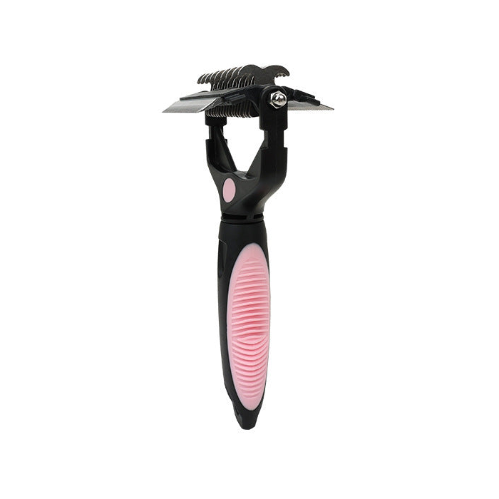 One black and pink 3-in-1 pet grooming comb on a white background