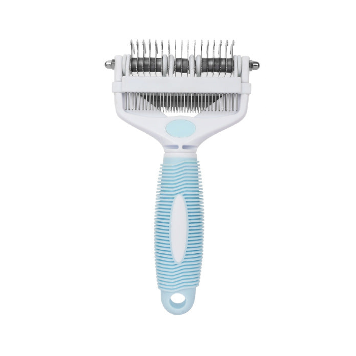 One white and blue 3-in-1 pet grooming comb on a white background