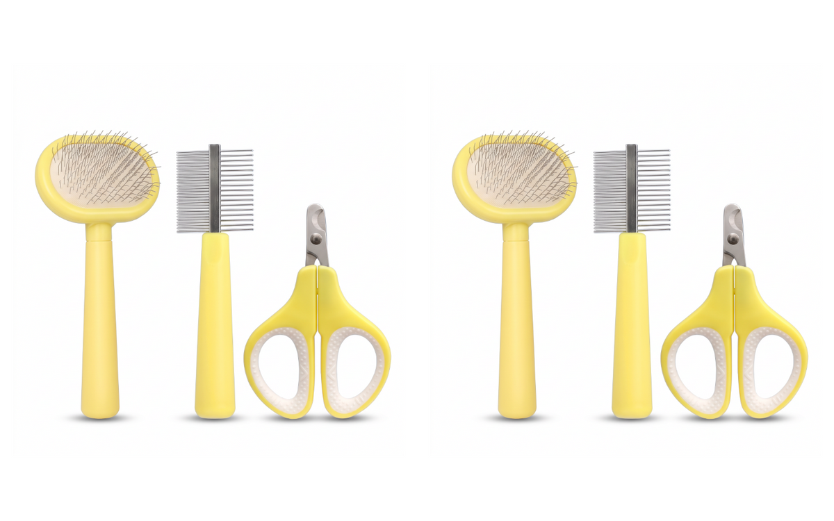 Two yellow grooming kits containing two slicker brushes, two combs and two nail clippers