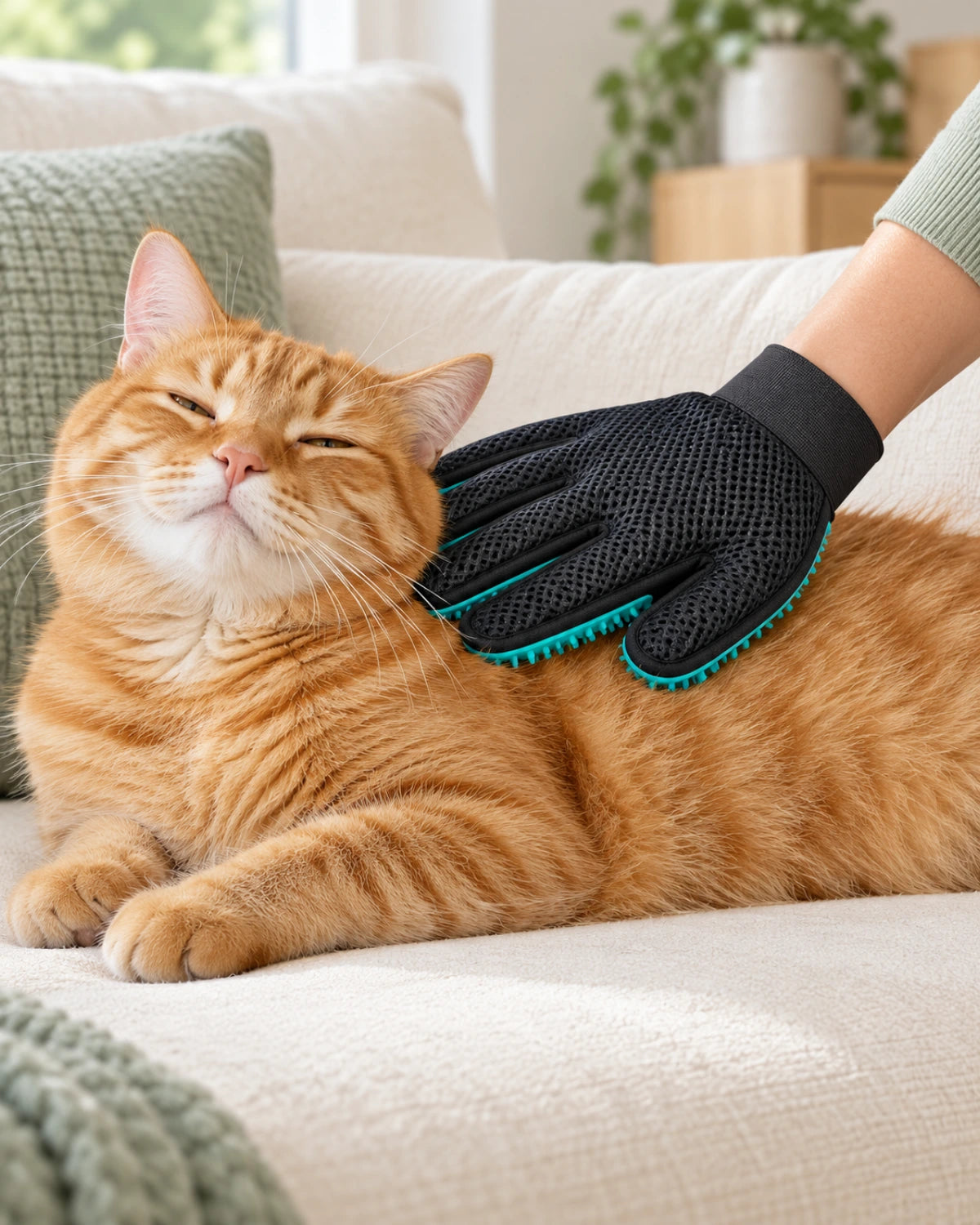 An owner grooming a relaxed orange cat with a teal glove