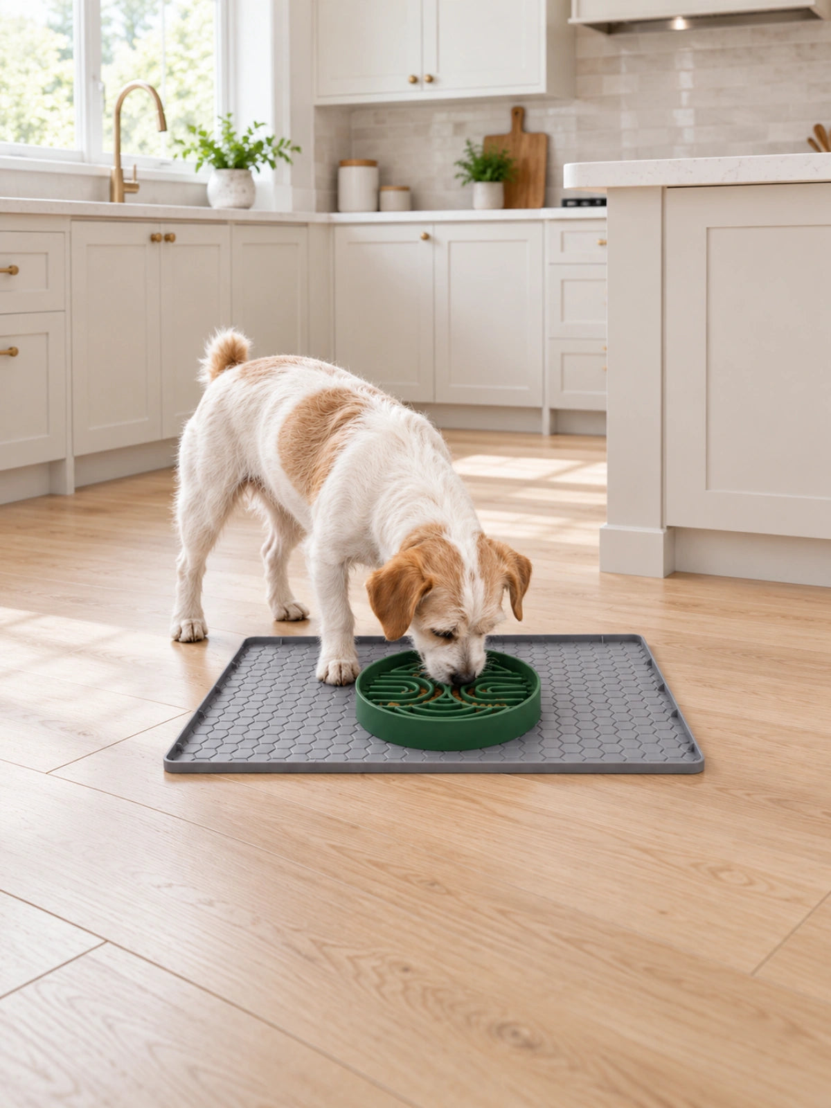 A white and tan dog eating from a green slow feeder bowl on a grey mat in a bright kitchen