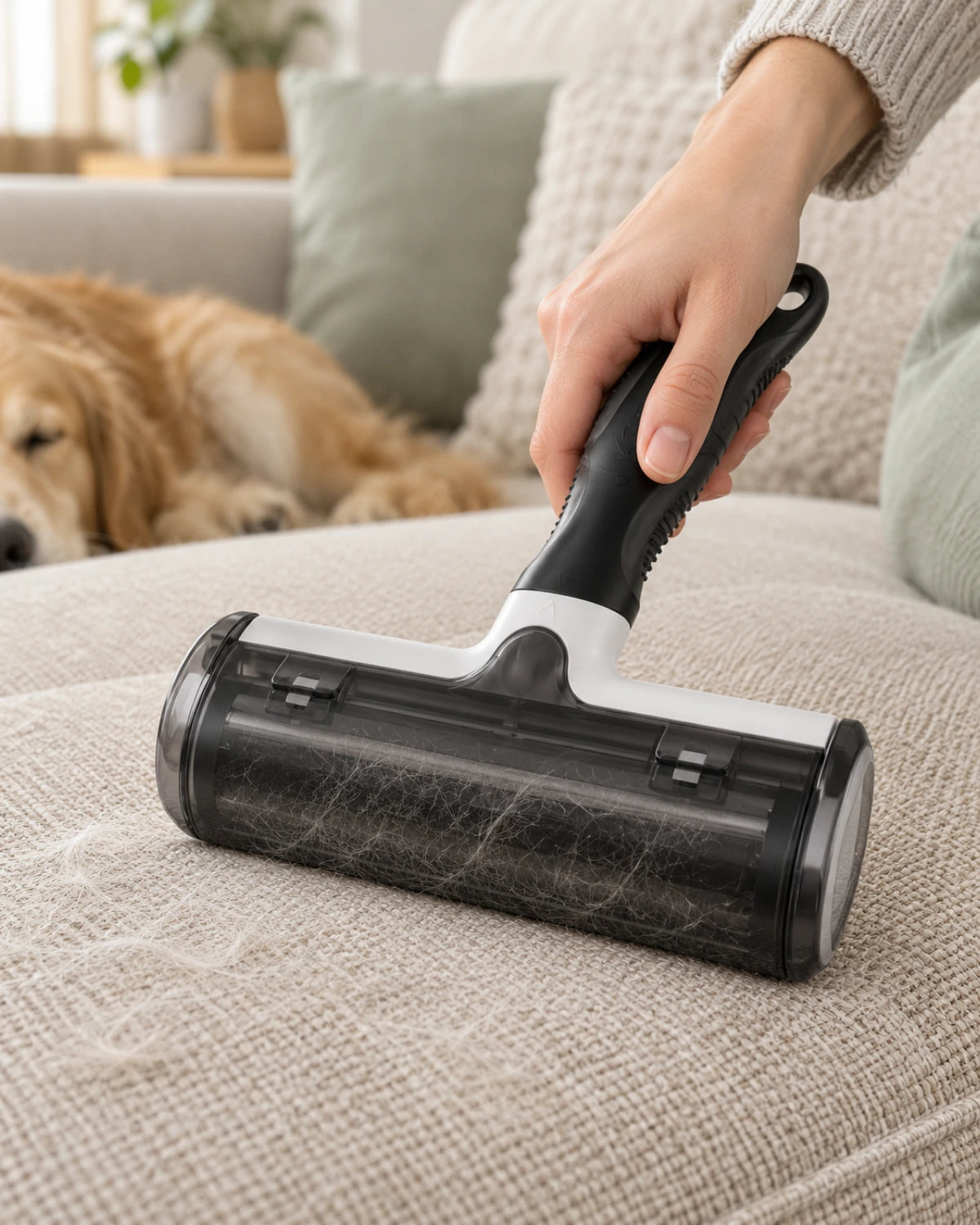 A black and white reusable roller being used on a cream sofa