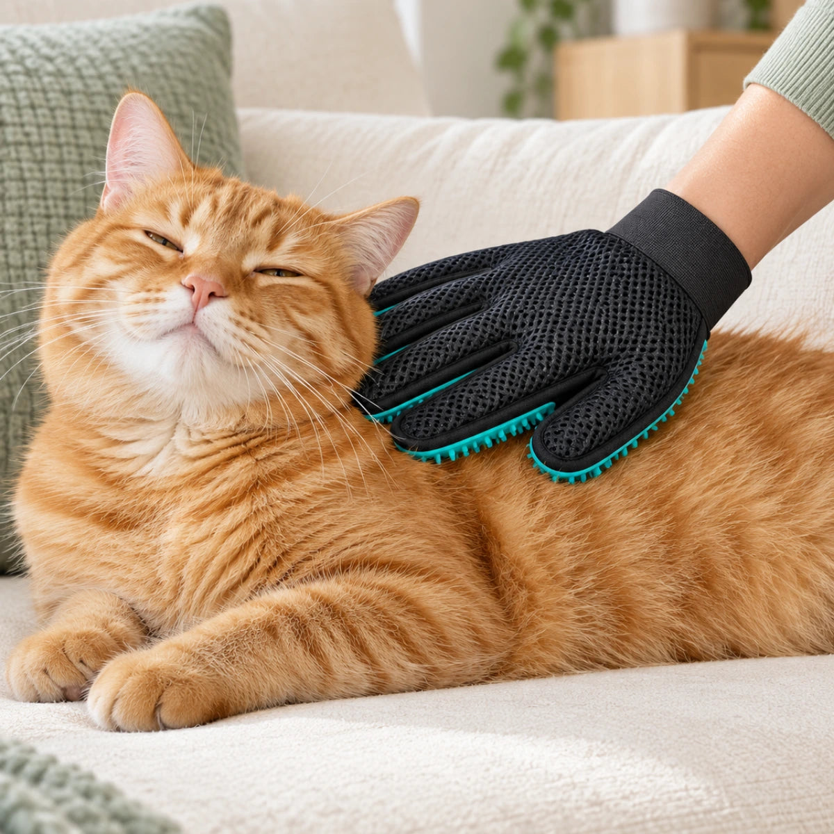 An owner grooming a relaxed orange cat with a teal glove