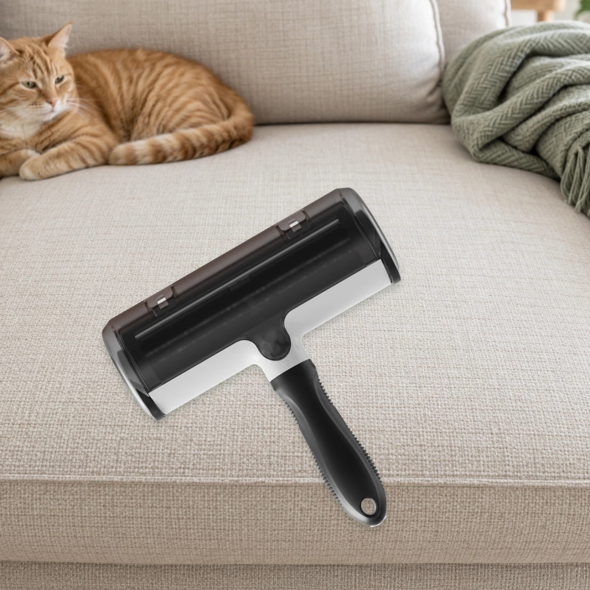 A black and white reusable roller on a cream sofa