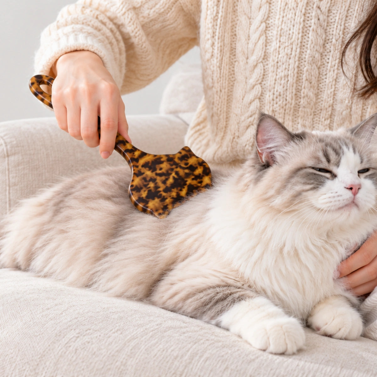 An unbranded leopard cat-shaped slicker brush used on a relaxed long-haired cat